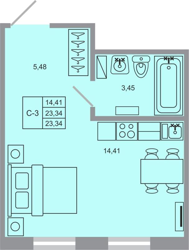 Новостройка-Студия, 23.34 м², 1/17 этаж