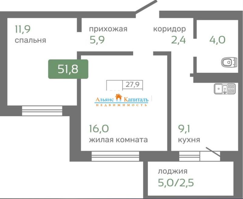 2-комн. квартира, 52 м², 3/19 этаж