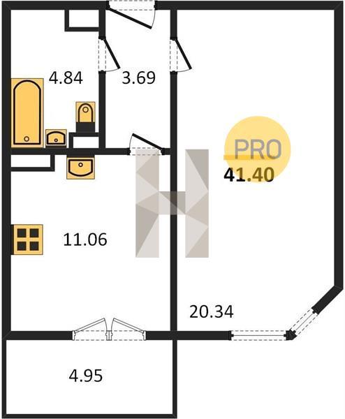 1-комнатная квартира, 41.4 м2