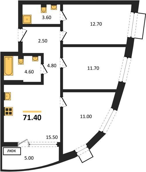 3-комн. квартира, 71 м², 6/16 этаж