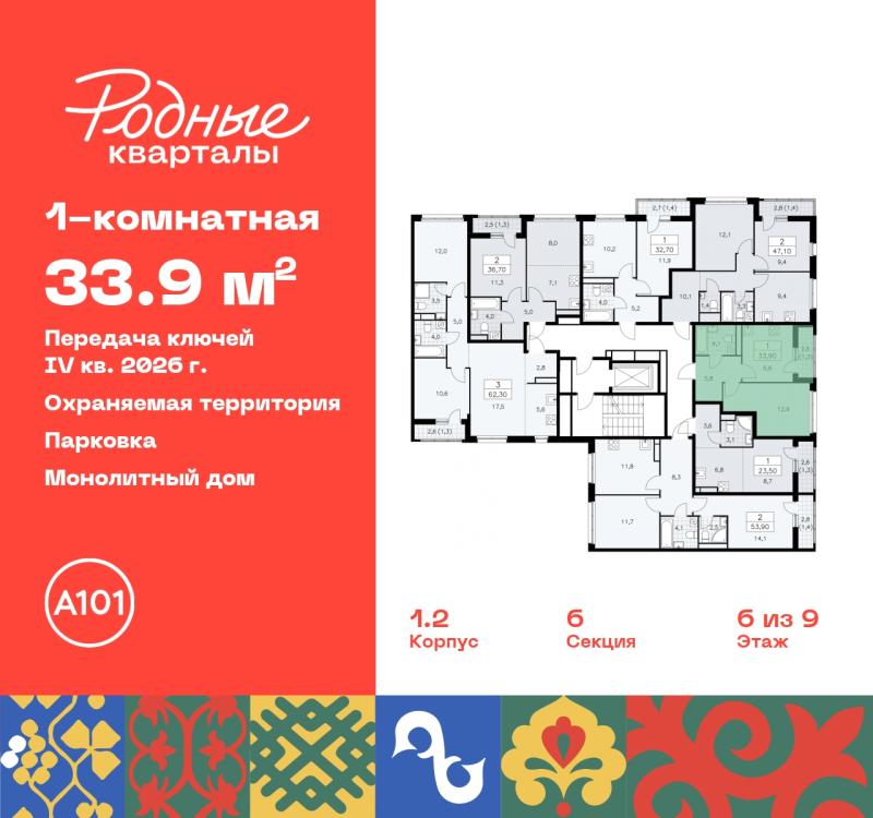 1-комн. квартира, 33 м², 6/9 этаж