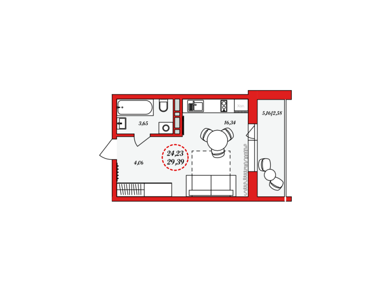 Новостройка-Студия, 29 м², 6/811 этаж