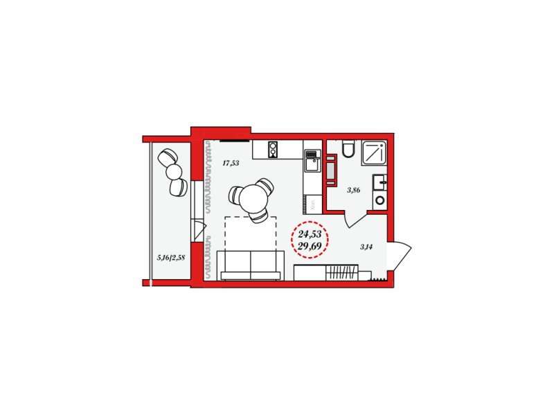 Новостройка-Студия, 29 м², 5/811 этаж