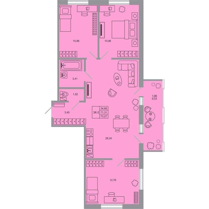 3-комн. квартира, 73 м², 16/20 этаж