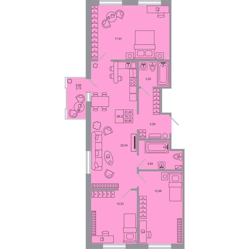 3-комн. квартира, 80 м², 9/17 этаж