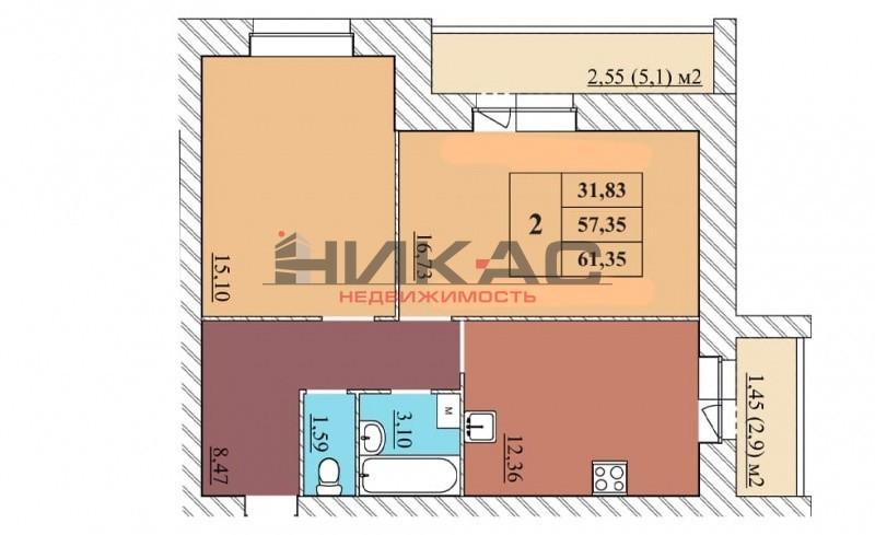 2-комн. квартира, 61 м², 1/5 этаж