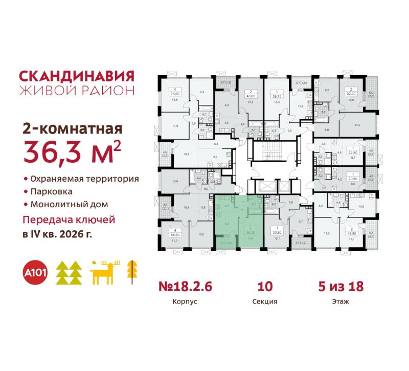 2-комн. квартира, 36 м², 5/18 этаж