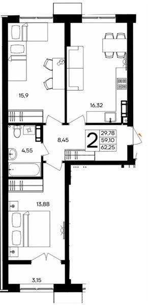2-комн. квартира, 62 м², 3/9 этаж