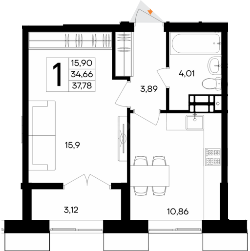 1-комн. квартира, 37 м², 4/5 этаж