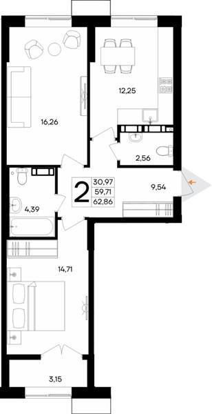 2-комн. квартира, 62 м², 4/5 этаж