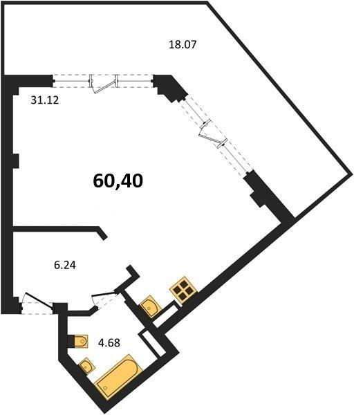 Новостройка-Студия, 60 м², 2/5 этаж