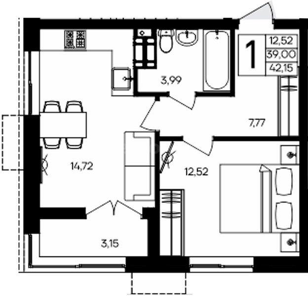 1-комн. квартира, 42 м², 1/9 этаж