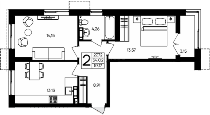 2-комн. квартира, 57 м², 3/9 этаж