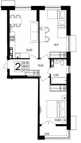 2-комн. квартира, 62 м², 7/9 этаж