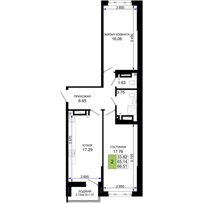 2-комн. квартира, 66 м², 3/25 этаж