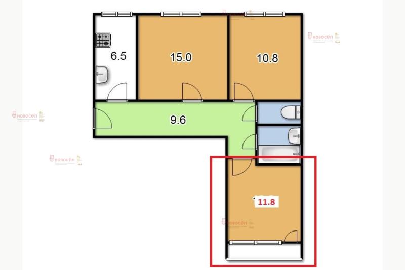 1 комната в 3-комнатной квартире, 11.8 м2