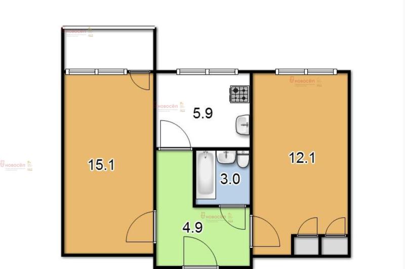 1 комната в 2-комнатной квартире, 13 м2