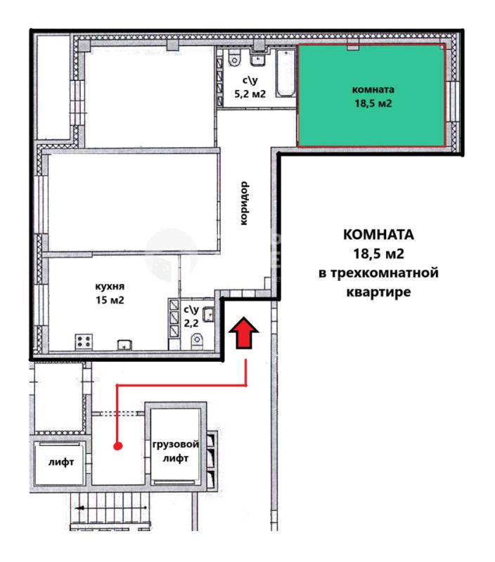 1 комната в 3-комнатной квартире, 18.5 м²