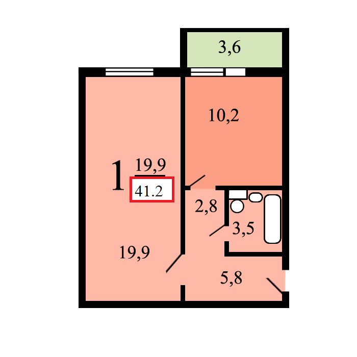 1-комнатная квартира, 41.2 м2