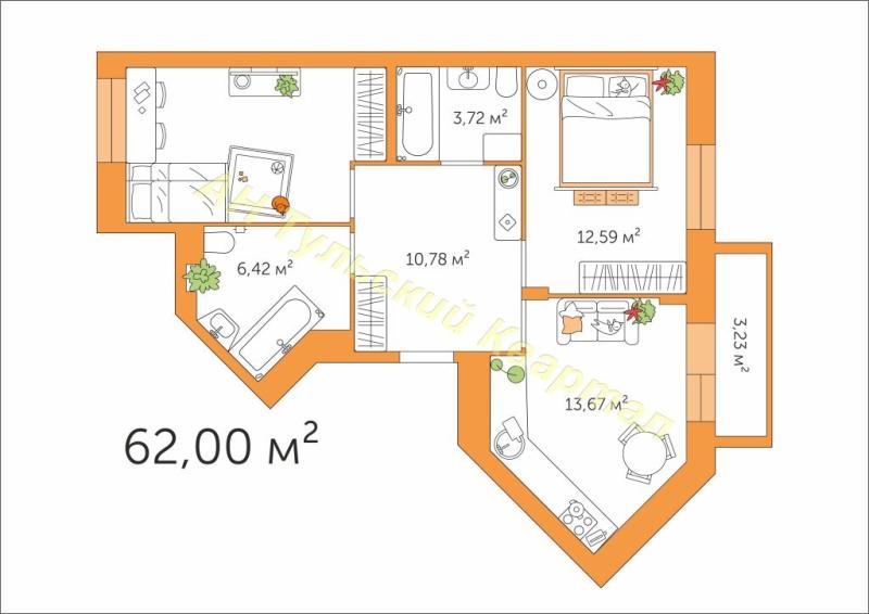 2-комн. квартира, 62 м², 1/5 этаж